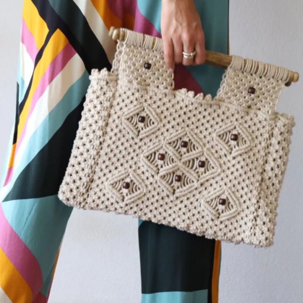 Virginia Wolf Summer Bag Beaded Woven Macrame Cotton Boho Beach Wooden Handles